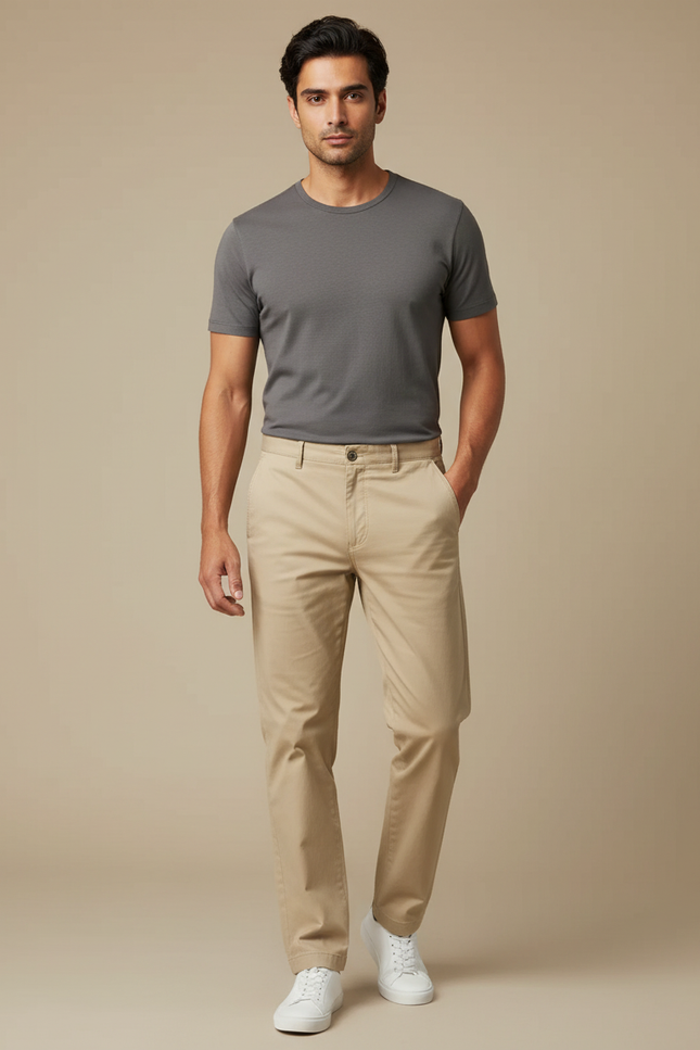 Pantalon Beige Homme Droit Coton Décontracté Chino