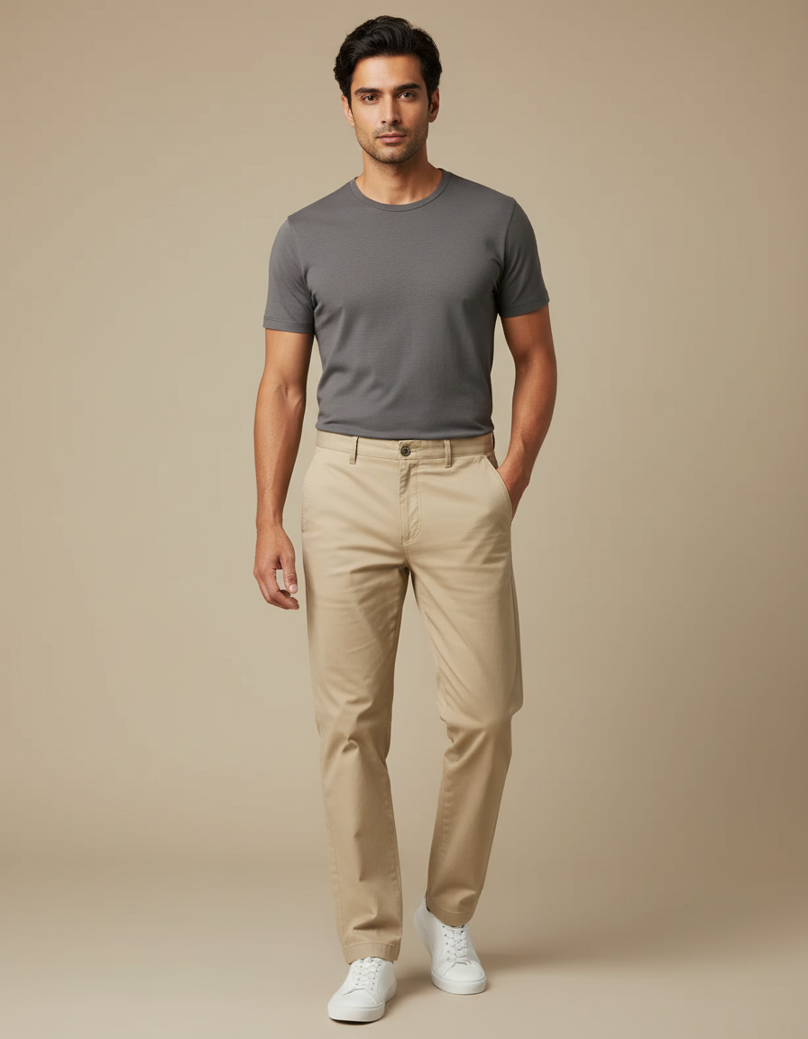 Pantalon Beige Homme Droit Coton Décontracté Chino