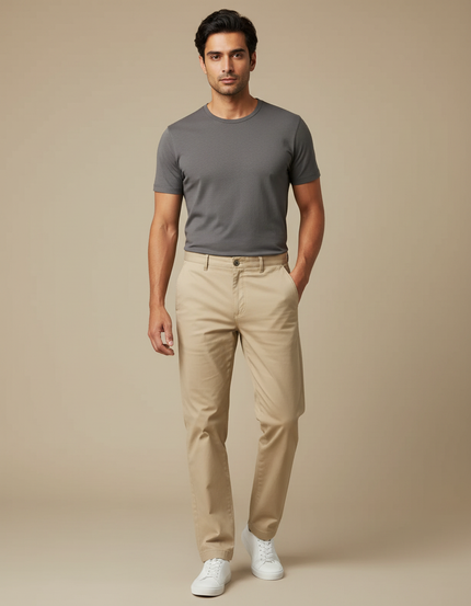 Pantalon Beige Homme Droit Coton Décontracté Chino