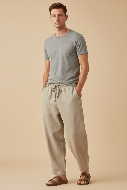 Pantalon Beige Lin Ample Décontracté Homme Respirant