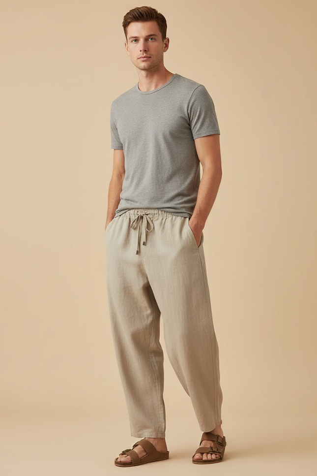 Pantalon Beige Lin Ample Décontracté Homme Respirant