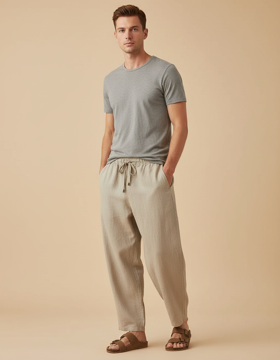 Pantalon Beige Lin Ample Décontracté Homme Respirant