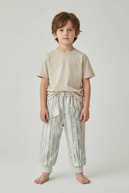 Pantalon Beige Rayé Ample Décontracté Enfant - Gris Molleton