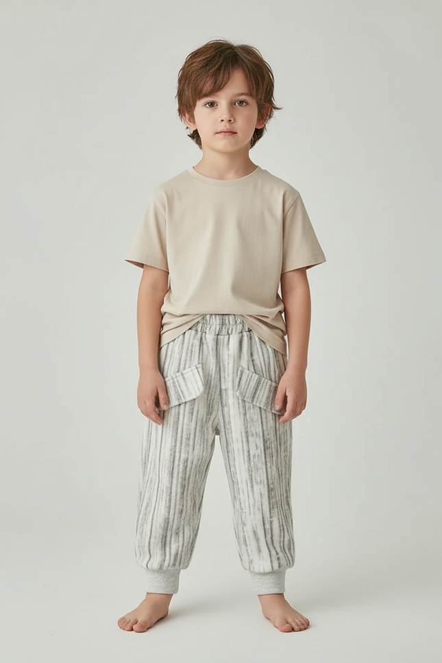 Pantalon Beige Rayé Ample Décontracté Enfant - Gris Molleton
