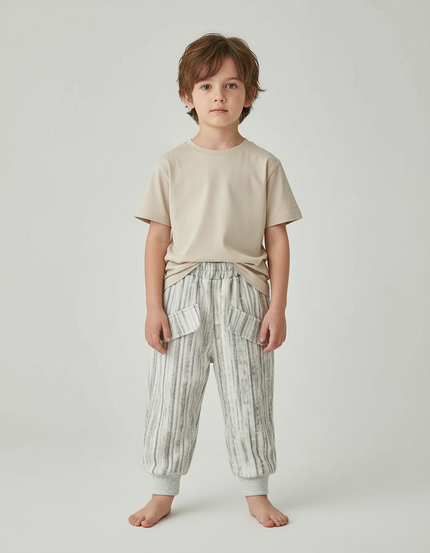 Pantalon Beige Rayé Ample Décontracté Enfant - Gris Molleton