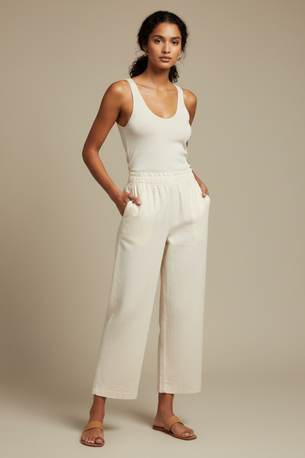 Pantalon Beige Ample Lin Coton Fluide Décontracté