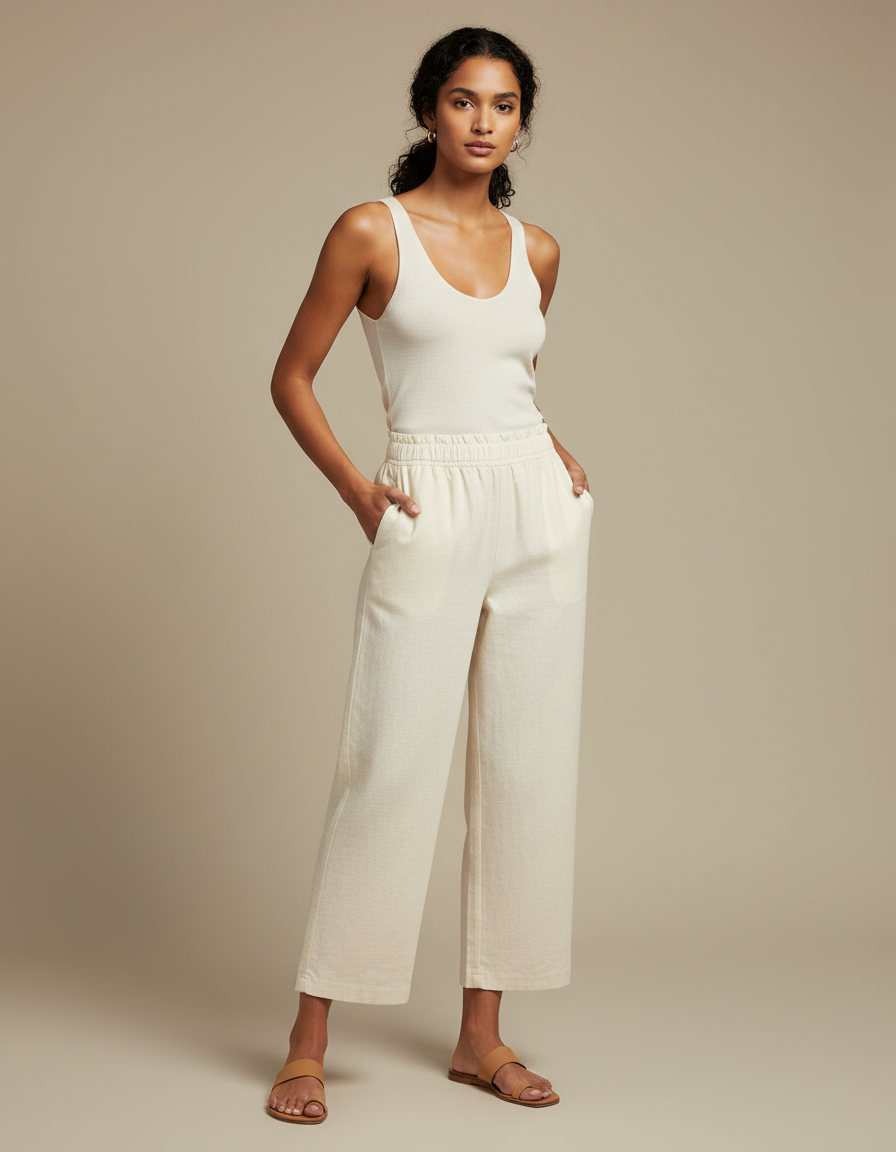 Pantalon Beige Ample Lin Coton Fluide Décontracté