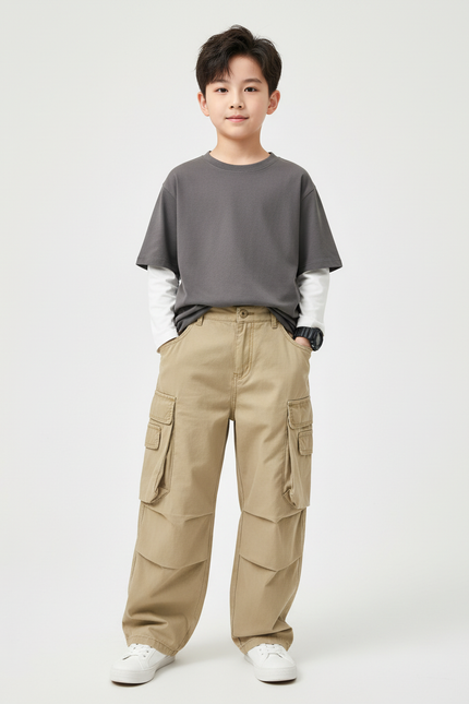 Pantalon Beige Cargo Ample Droit Enfant Coton - Toile