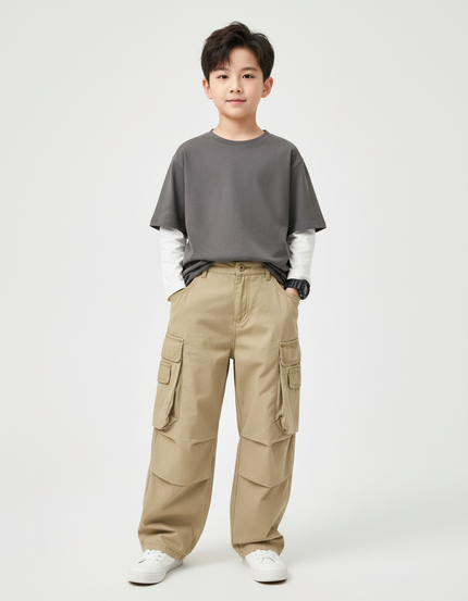 Pantalon Beige Cargo Ample Droit Enfant Coton - Toile