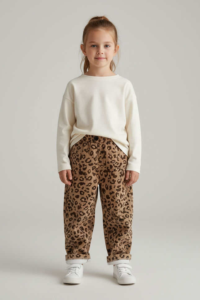 Pantalon Beige Léopard Côtelé Ample Confort Enfant - Imprimé Cordé