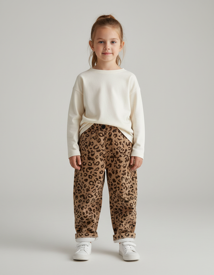 Pantalon Beige Léopard Côtelé Ample Confort Enfant - Imprimé Cordé