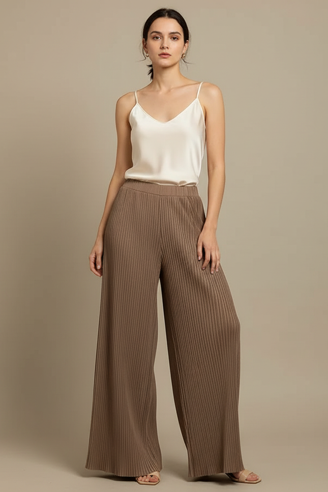 Pantalon Beige Plissé Ample Fluide Côtelé Élégant - Maille
