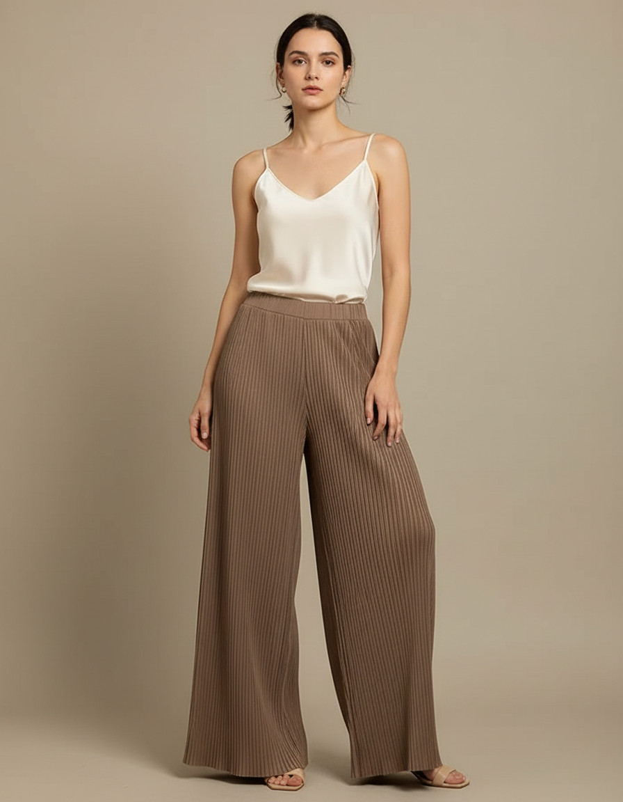 Pantalon Beige Plissé Ample Fluide Côtelé Élégant - Maille