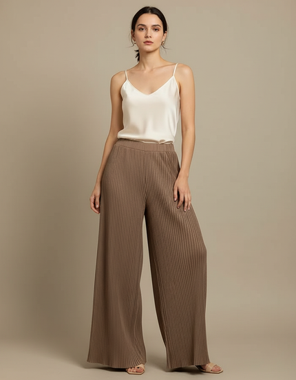 Pantalon Beige Plissé Ample Fluide Côtelé Élégant - Maille