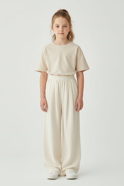 Pantalon Beige Ample Coton Décontracté Fille