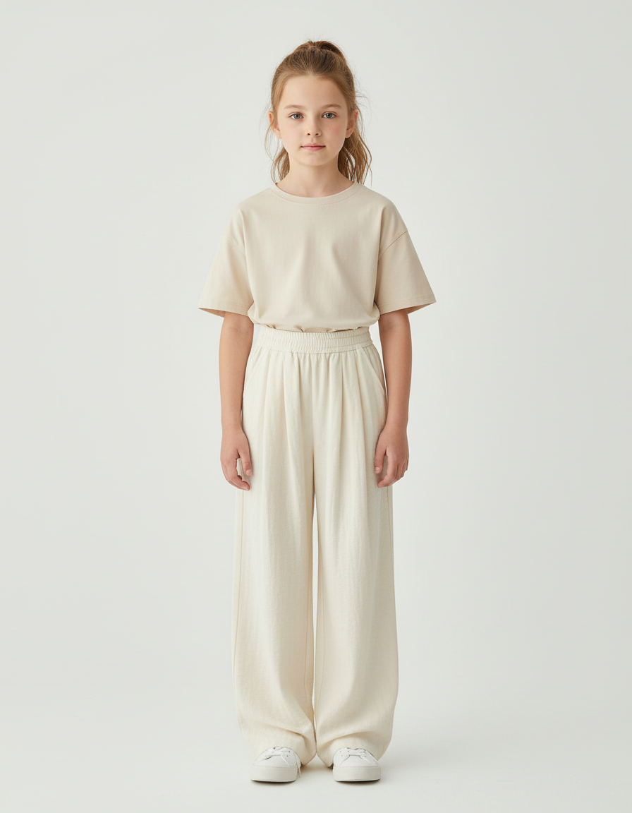 Pantalon Beige Ample Coton Décontracté Fille
