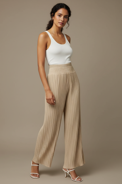 Pantalon Beige Plissé Fluide Ample Taille Haute - Maille