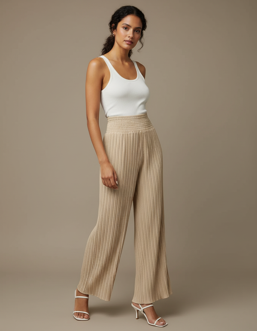 Pantalon Beige Plissé Fluide Ample Taille Haute - Maille