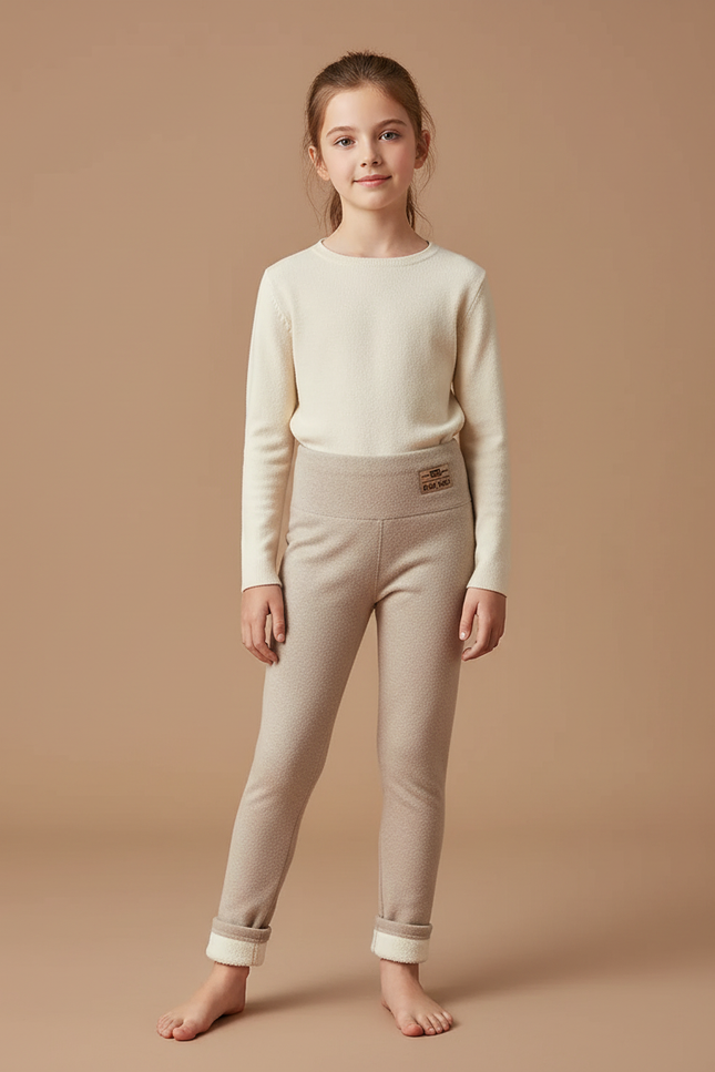 Pantalon Beige Fille Doublé Polaire Hiver Chaud - Molleton