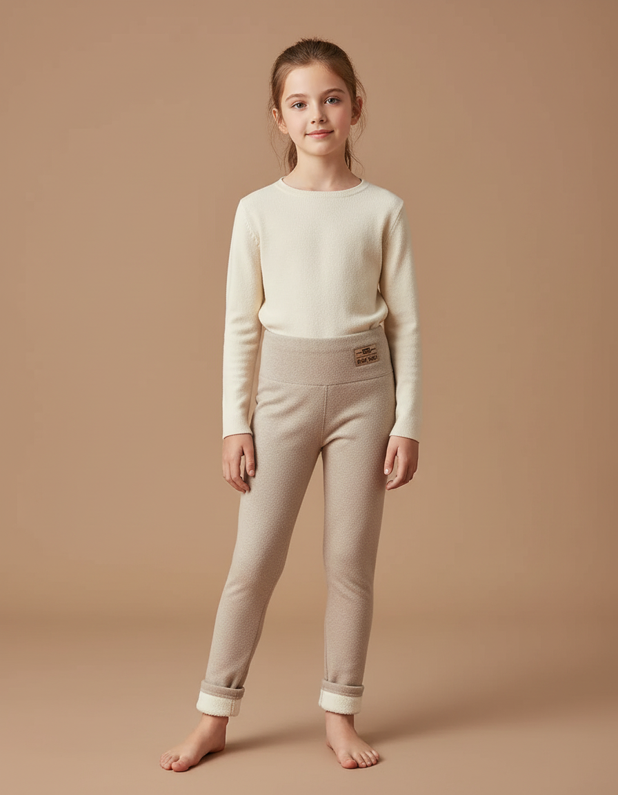 Pantalon Beige Fille Doublé Polaire Hiver Chaud - Molleton
