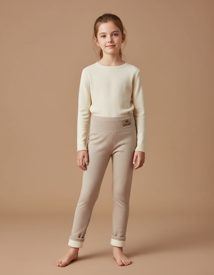Pantalon Beige Fille Doublé Polaire Hiver Chaud - Molleton