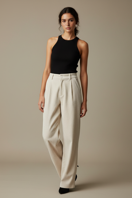 Pantalon Beige Côtelé Droit Taille Haute Décontracté - Cordé