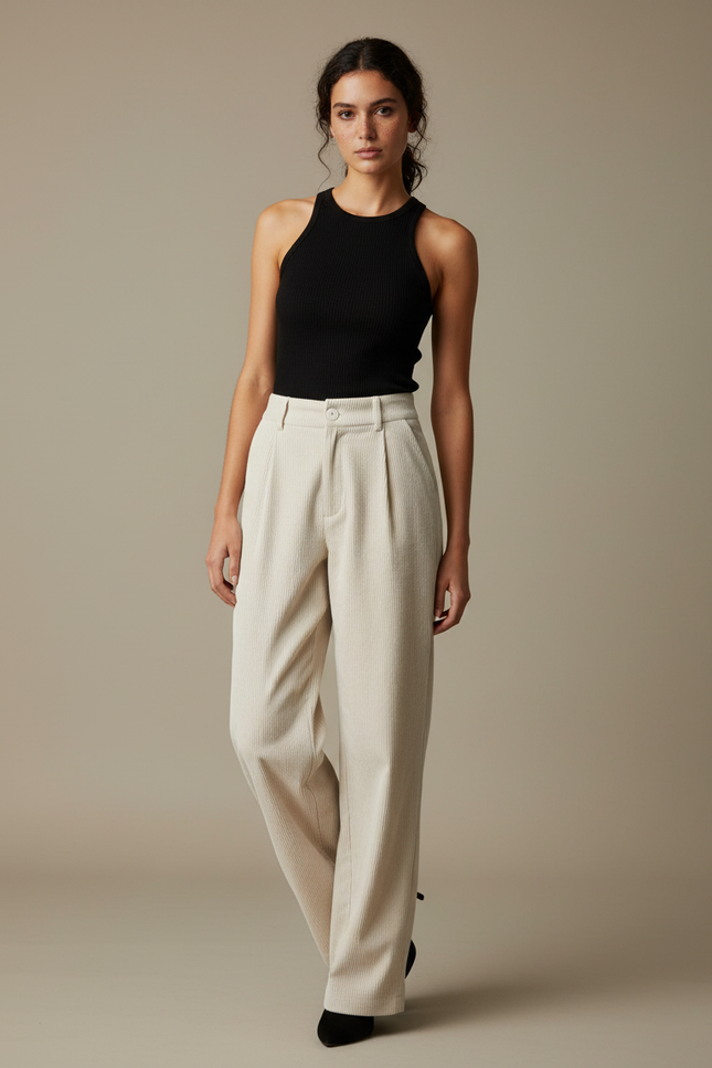 Pantalon Beige Côtelé Droit Taille Haute Décontracté - Cordé
