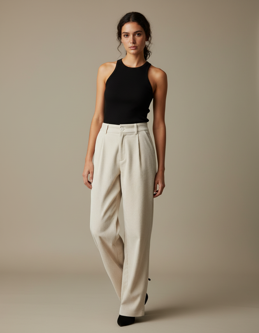 Pantalon Beige Côtelé Droit Taille Haute Décontracté - Cordé