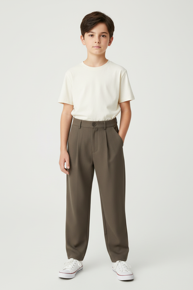Pantalon Beige Plissé Décontracté Garçon Élegant - Kaki Gabardine