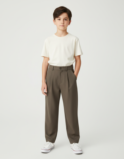 Pantalon Beige Plissé Décontracté Garçon Élegant - Kaki Gabardine