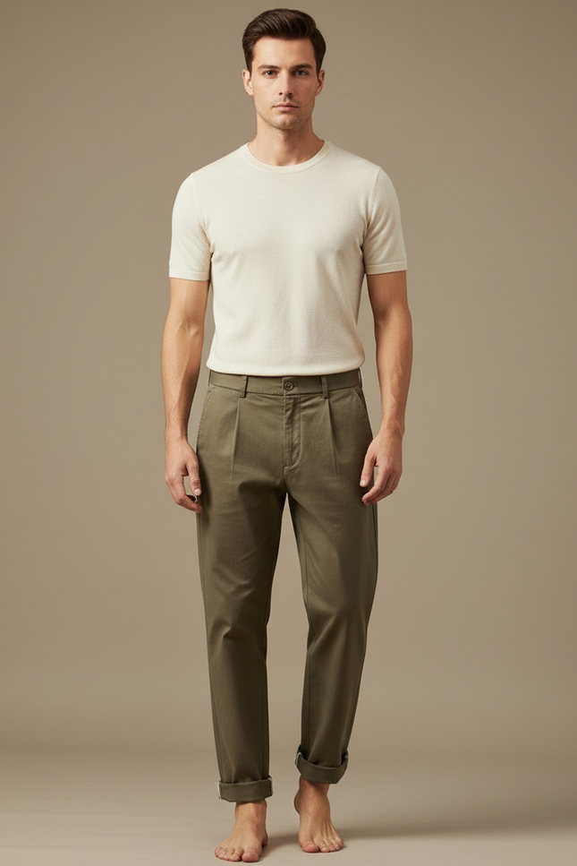Pantalon Beige Coton Plissé Droit Homme Décontracté - Kaki