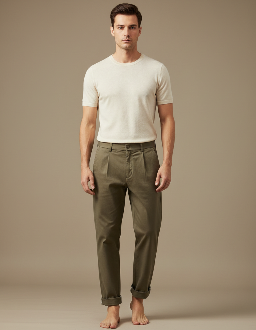 Pantalon Beige Coton Plissé Droit Homme Décontracté - Kaki