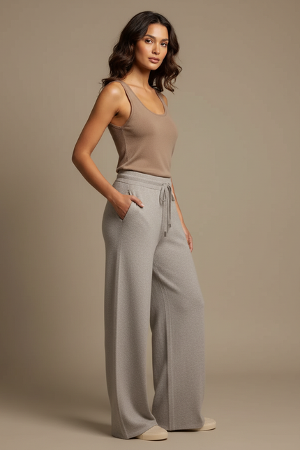 Pantalon Beige Ample Tricoté Cordon Décontracté - Gris Maille