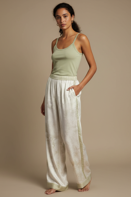 Pantalon Beige Satin Fluide Imprimé Décontracté Femme