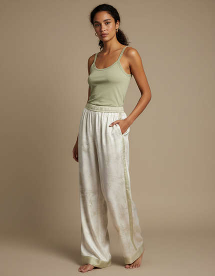 Pantalon Beige Satin Fluide Imprimé Décontracté Femme