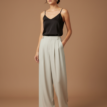 Pantalon Beige Fluide Ample Taille Haute Plissé Discret - Gris Viscose