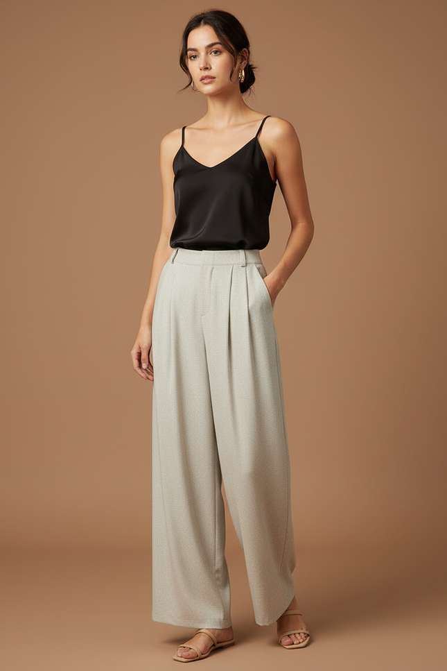Pantalon Beige Fluide Ample Taille Haute Plissé Discret - Gris Viscose