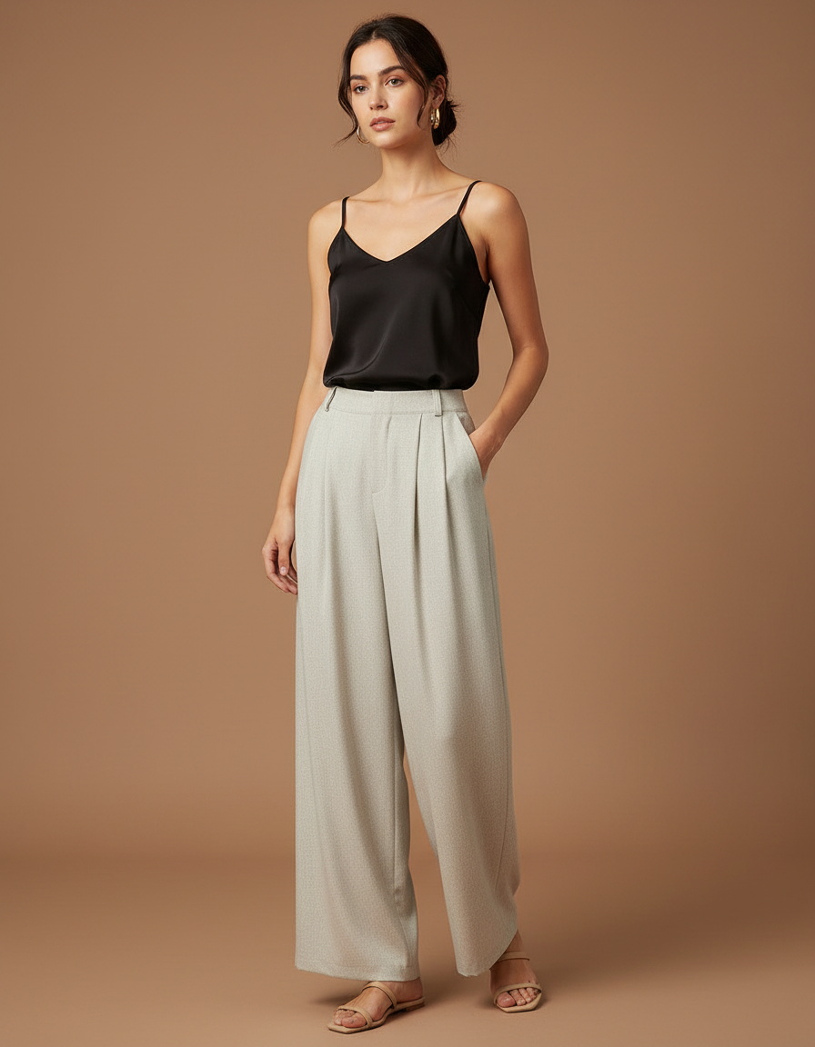 Pantalon Beige Fluide Ample Taille Haute Plissé Discret - Gris Viscose