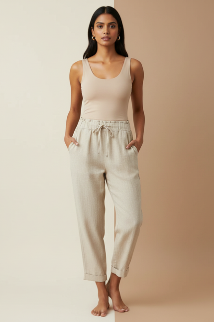 Pantalon Beige Lin Ample Cordon Décontracté Femme