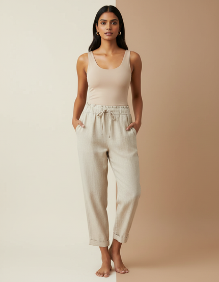 Pantalon Beige Lin Ample Cordon Décontracté Femme
