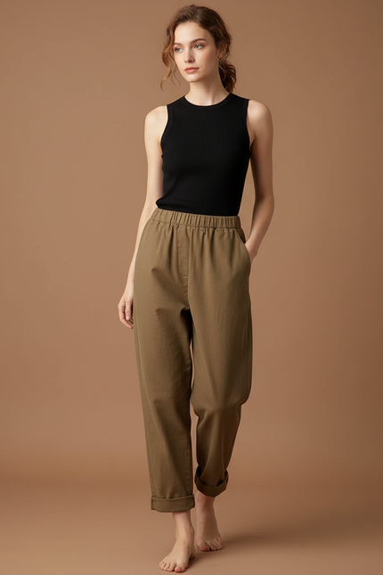 Pantalon Beige Coton Ample Élastique Décontracté Femme - Kaki Toile