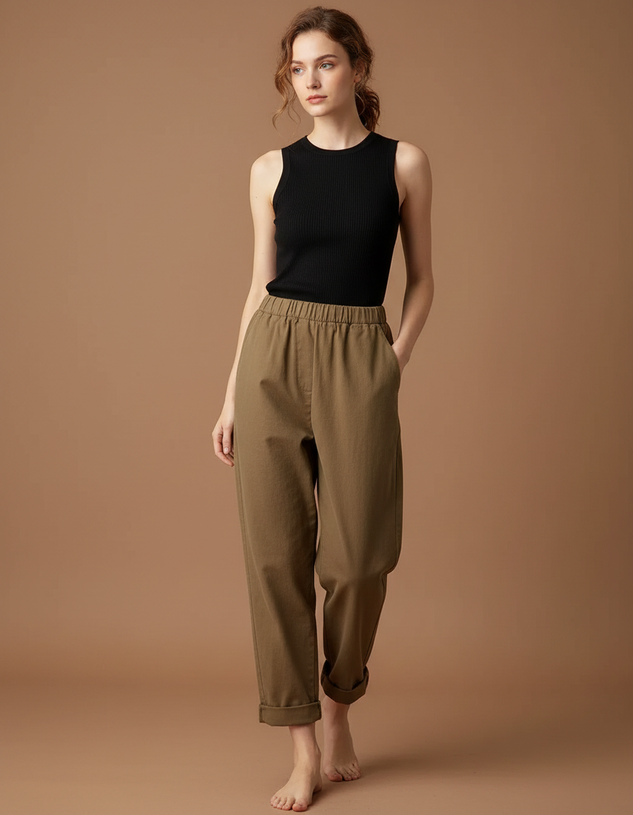 Pantalon Beige Coton Ample Élastique Décontracté Femme - Kaki Toile