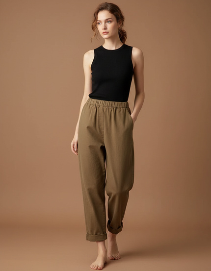 Pantalon Beige Coton Ample Élastique Décontracté Femme - Kaki Toile
