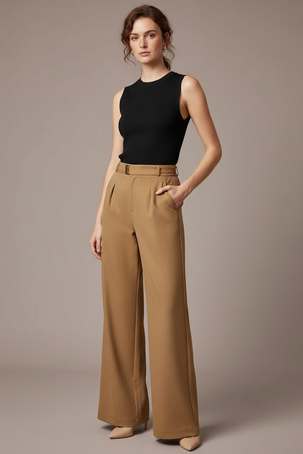 Pantalon Beige Évasé Taille Haute Fluide Chic - Gabardine