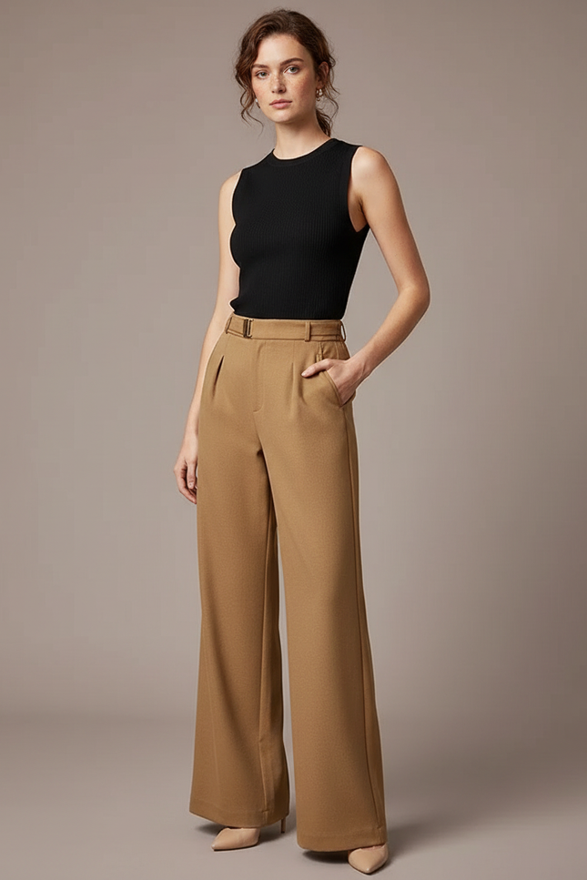 Pantalon Beige Évasé Taille Haute Fluide Chic - Gabardine