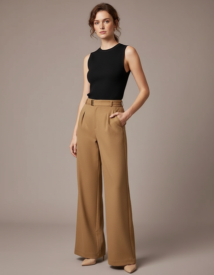Pantalon Beige Évasé Taille Haute Fluide Chic - Gabardine
