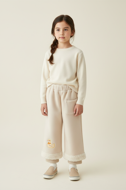 Pantalon Beige Large Molletonné Broderie Canard Enfant