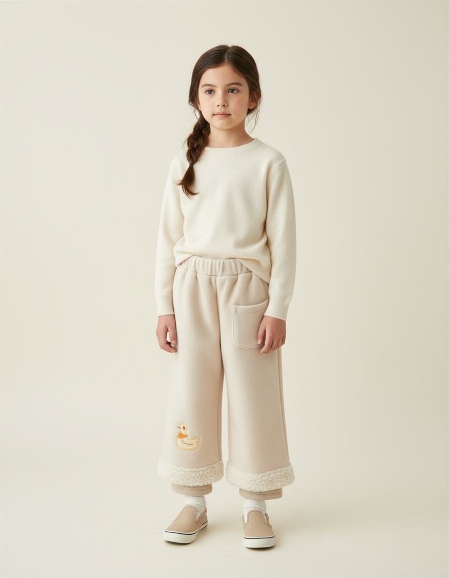 Pantalon Beige Large Molletonné Broderie Canard Enfant