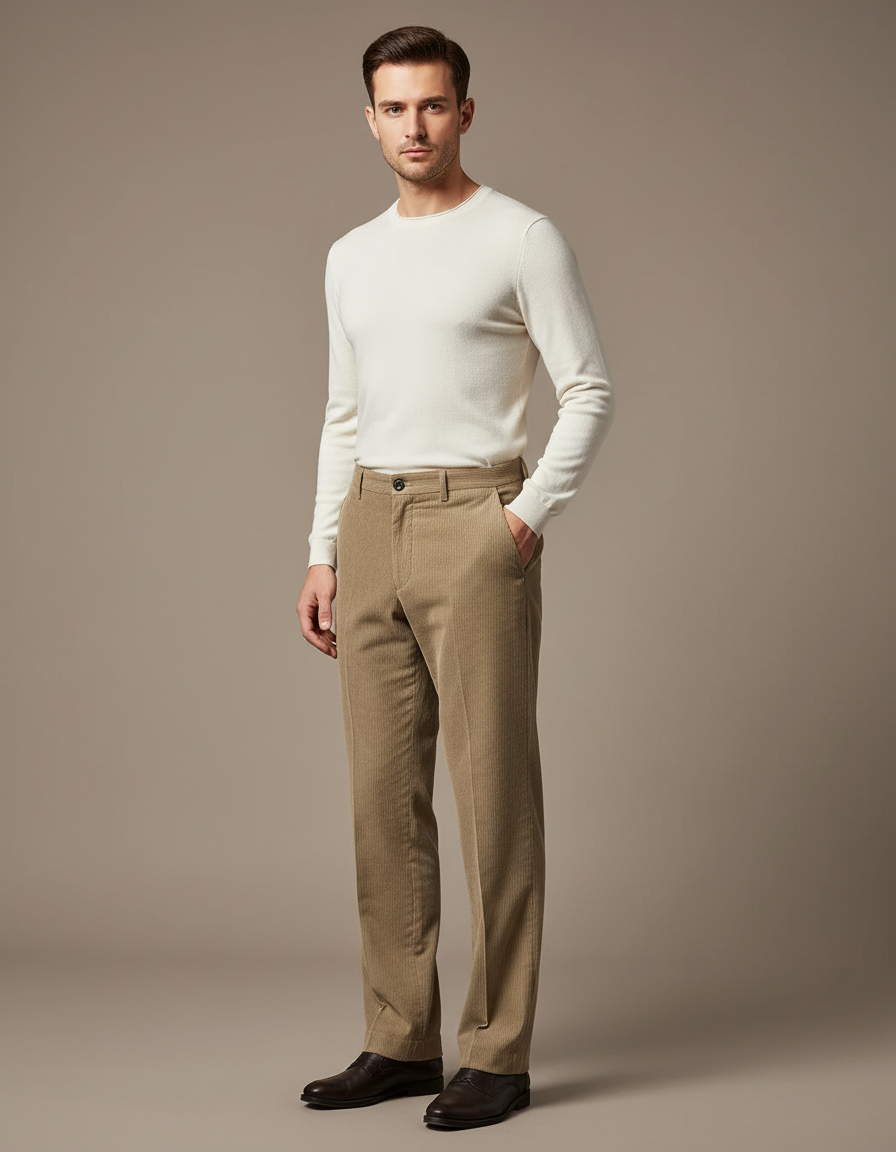Pantalon Beige Côtelé Droit Classique Homme - Cordé