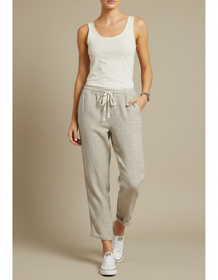 Pantalon Beige Lin Décontracté Femme Harem Taille Haute
